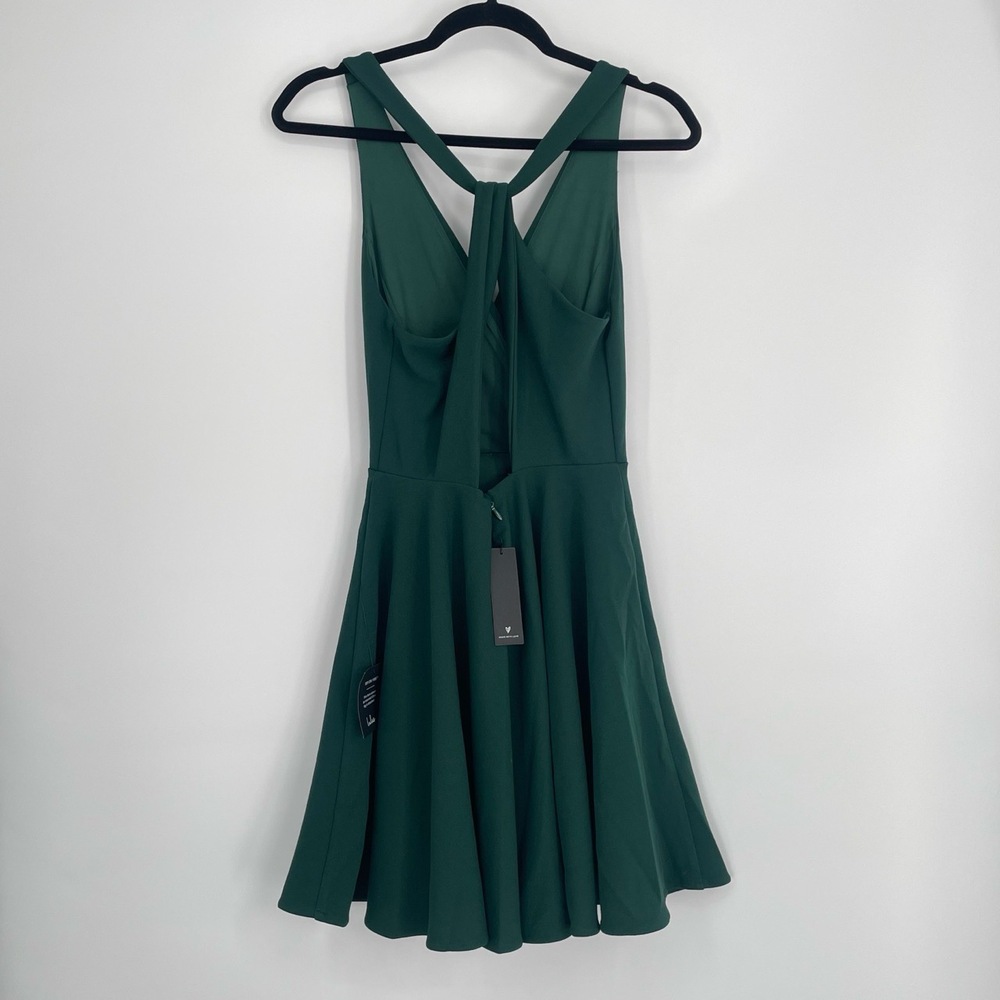 Lulus Hunter Green V-Neck Cross Back A-Line Open Back Skater Mini Dress XS - Picture 11 of 14